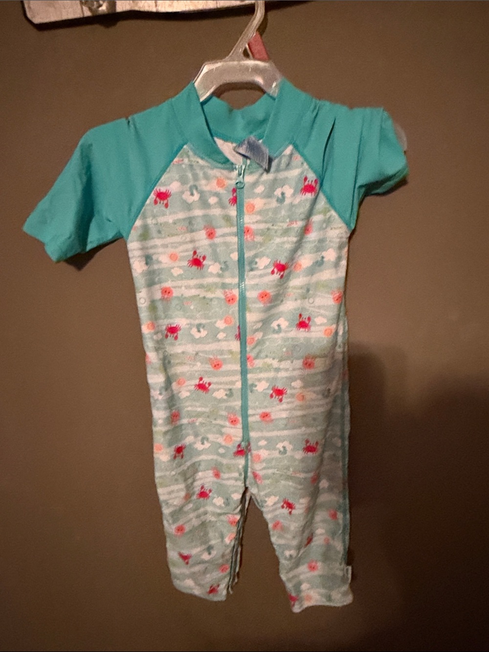 Kids Teal Crab Print One-Piece Romper - Short Sleeve 3t